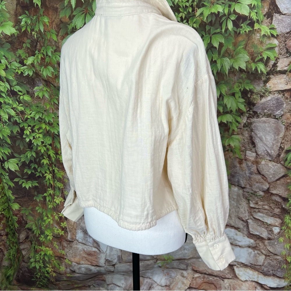 DREW Tan Button Front Quiet Luxury Drawstring Cropped Blouse, S - Picture 8 of 10